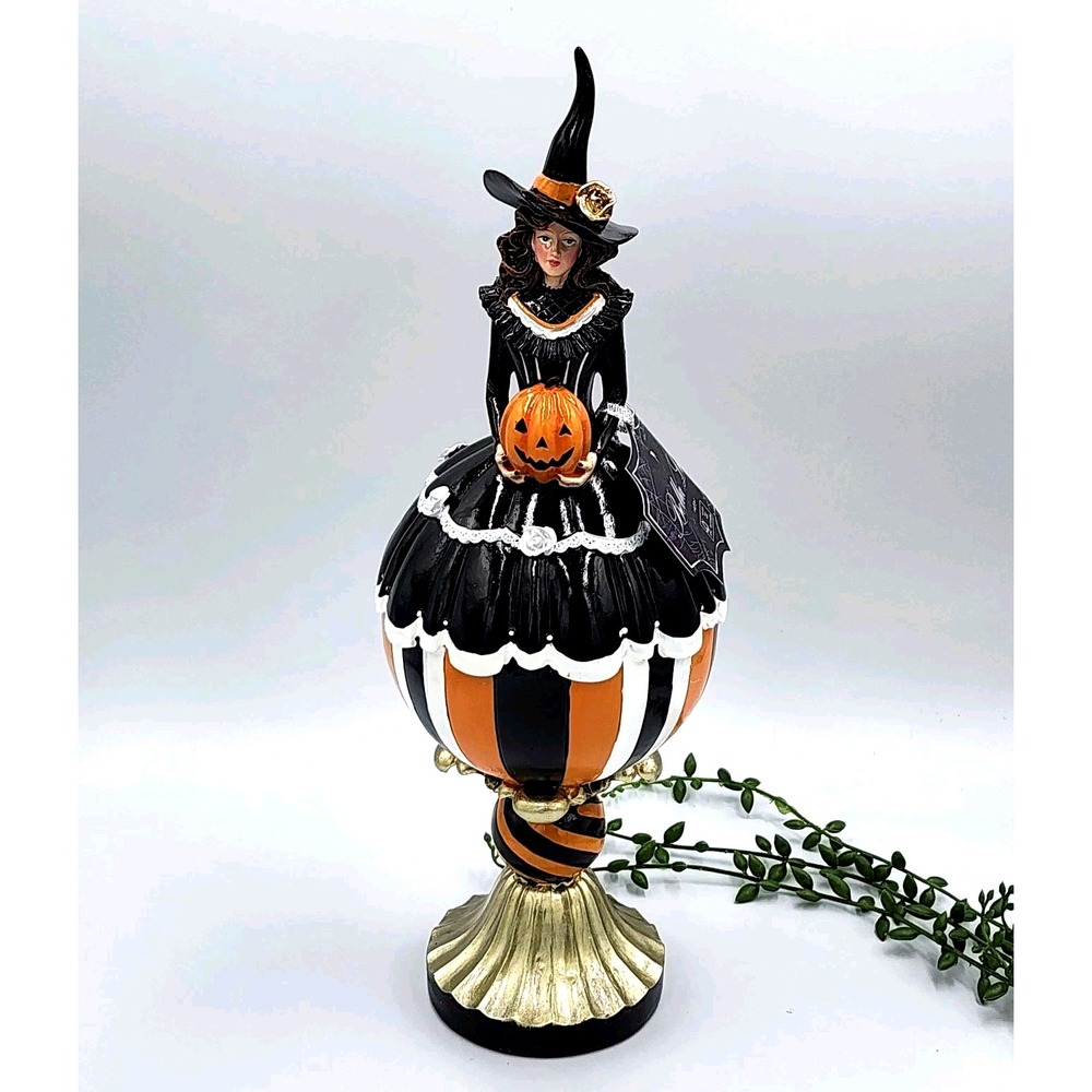 Bella Lux Witch on Pumpkin Jack O Lantern Pedestal Black Orange Figurine 14.5"